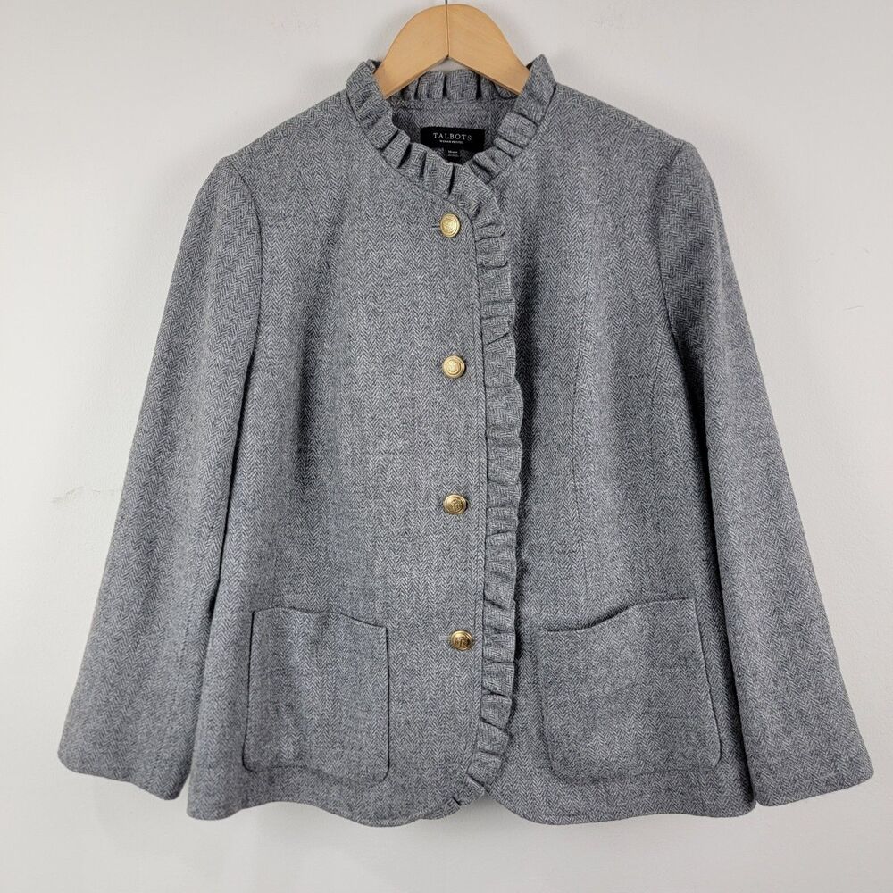 Talbots Grey Wool Blend Ruffle Trim Button Front Blazer Jacket 16 WP Corporate